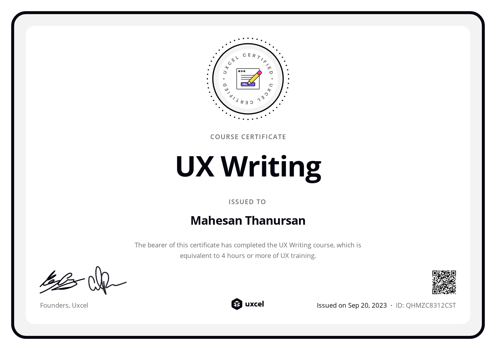 Mahesan Thanursan's certificate